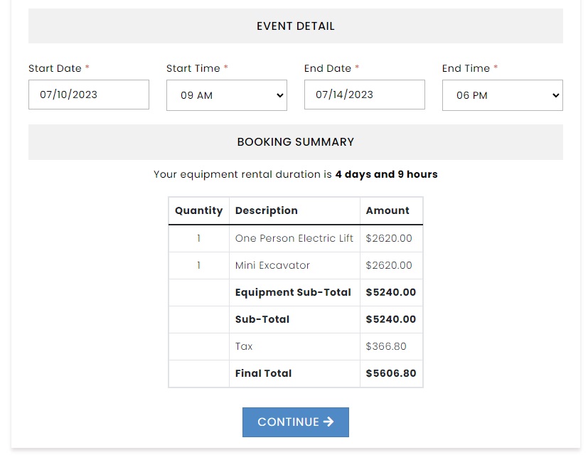 screenshot of Booking Tool Equipment Rental